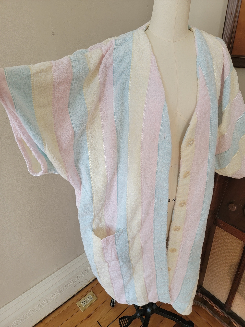 Vintage Pastel Stripe Terry Bath Robe Pink, Blue, Yellow Swim Cover Up 3X - Picture 3 of 7